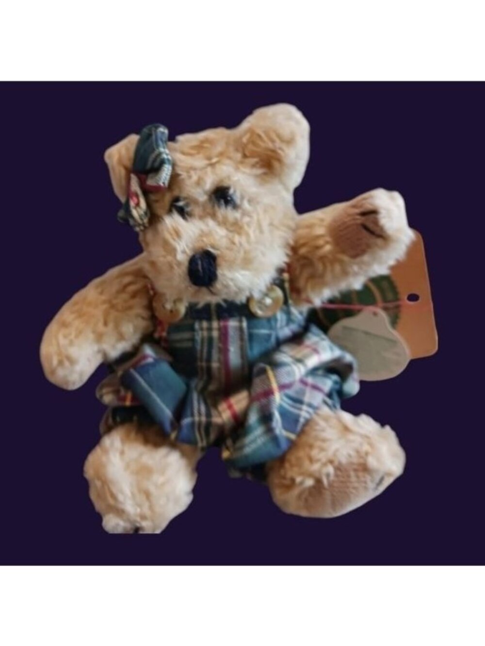 Boyds bears Vtg "6" Becky Bear In Green Plaid Jumper & Hair Bow Stuffed Toy
